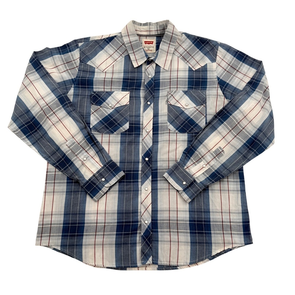 Levis Men XL Western Snap Shirt  Blue Plaid Regular Fit Pearl Snap 3LMLW0073